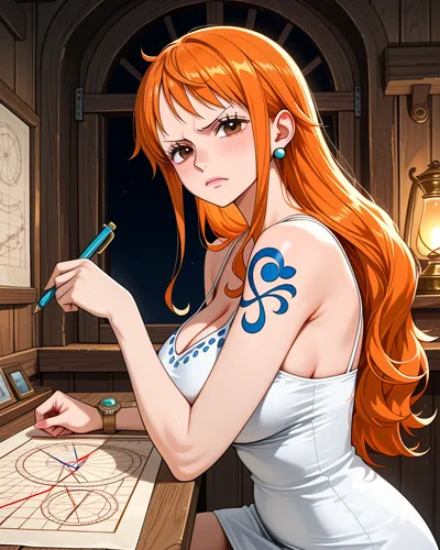 Nami at her chart table by lamplight, glancing up from a sea map
