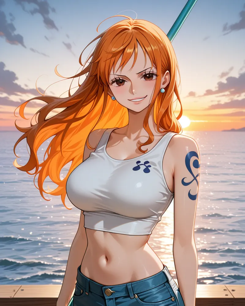 Nami AI art: Nami smiling on the ship’s deck at sunset, wind in her long orange hair, in a white crop top with her Clima-Tact behind her