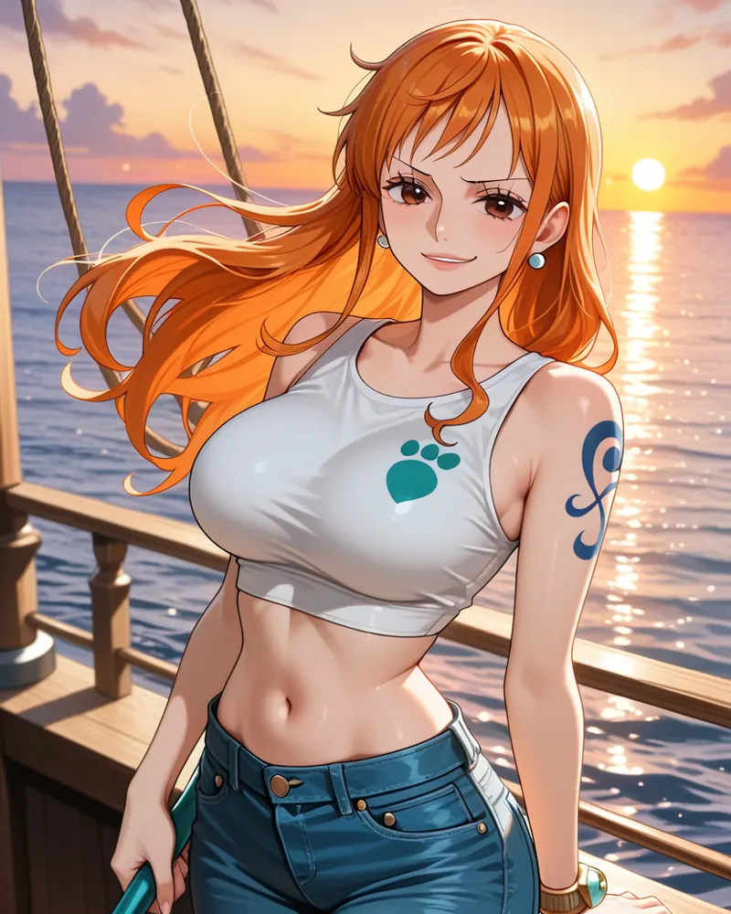 Nami AI art: Nami leaning on the ship’s railing at sunset in a white crop top and jeans, the tattoo on her left shoulder showing