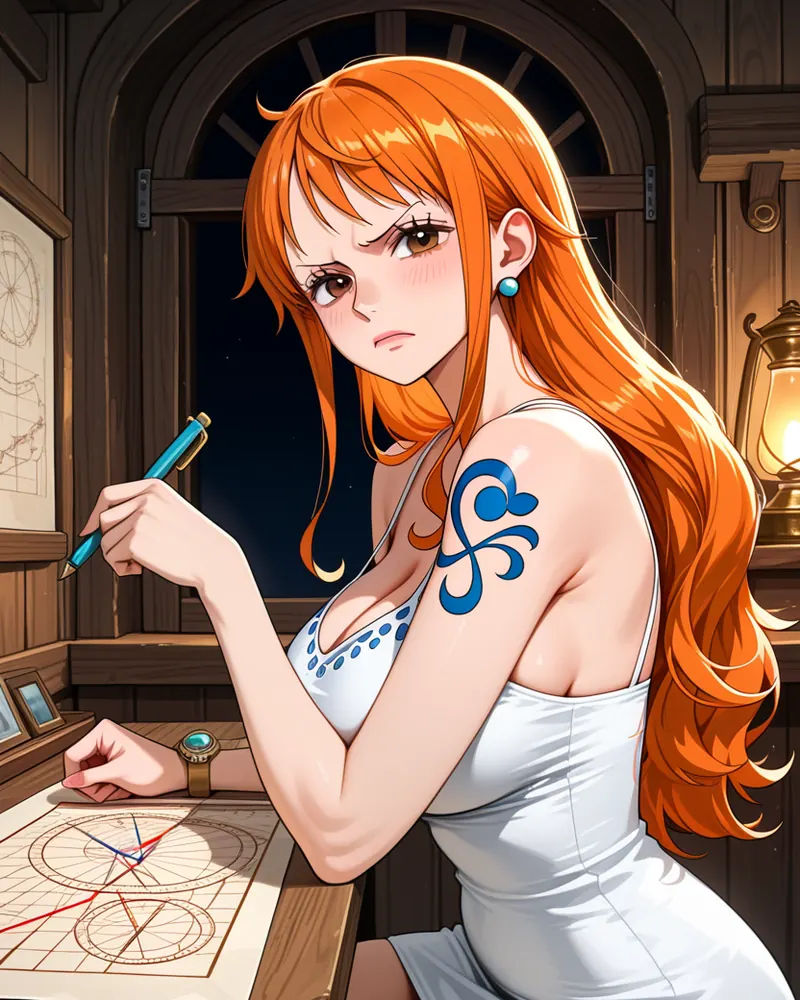 Nami AI art: Nami frowning up from a sea chart at her lamplit desk at night, pen in hand