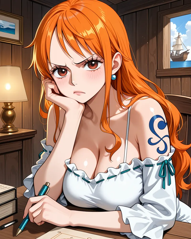 Nami AI art: Nami resting her chin on her hand at a wooden desk, looking annoyed, a sailing ship visible through the window