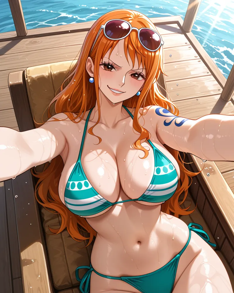 Nami AI art: Nami lying back on a deck lounger in a striped teal bikini, arms reaching toward the viewer as if taking a selfie